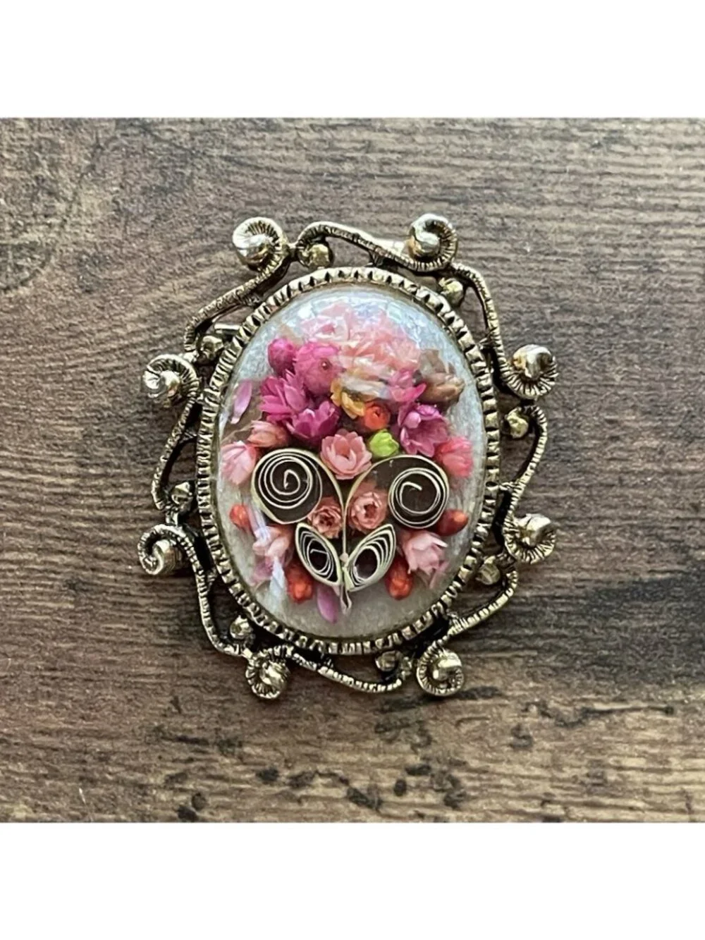 Vintage Floral Brooch Pendant Dried Paper Quilling Flowers Victorian Revival